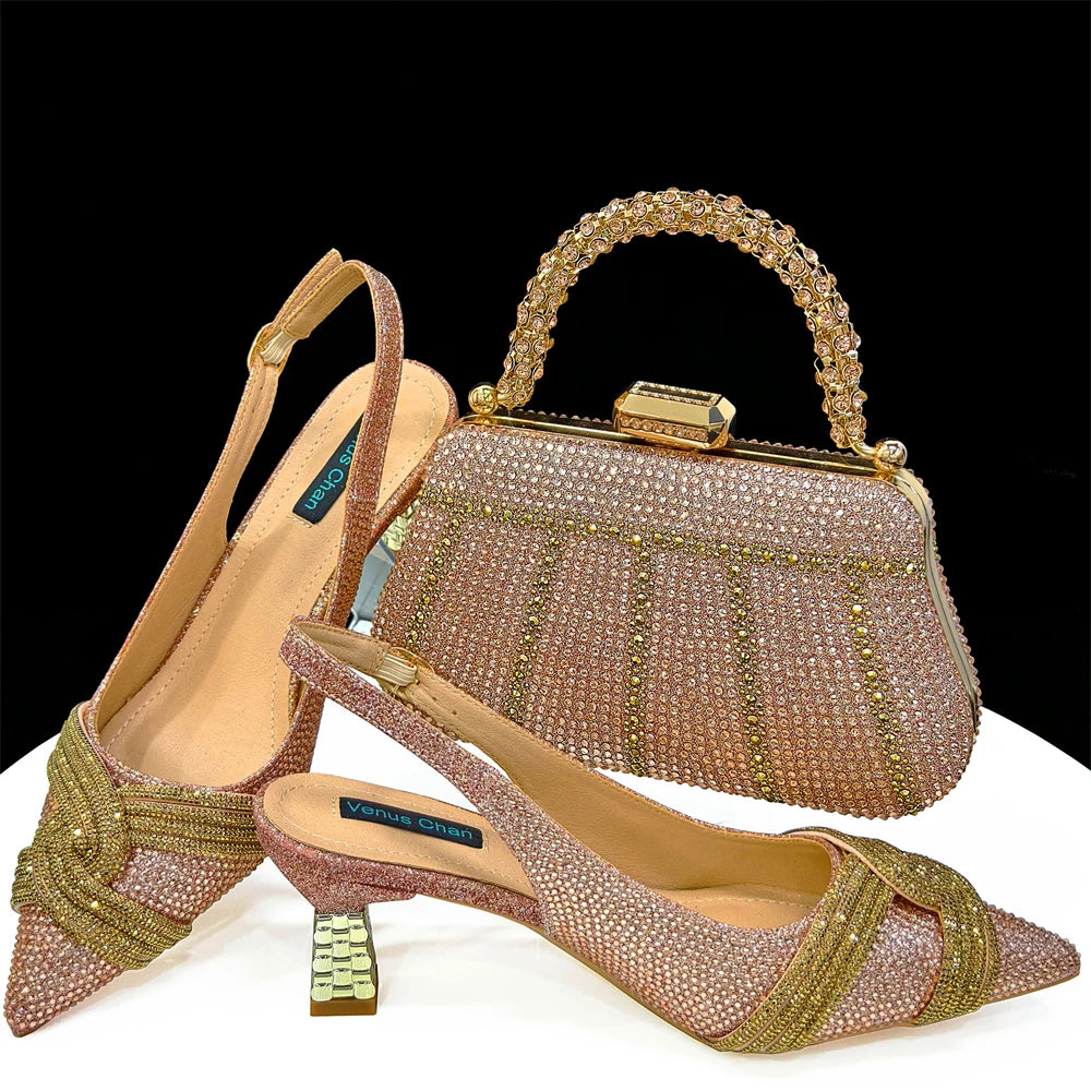 Venus Chan Women’s Champagne Shoe & Bag Set - Rhinestone Heels and Handbag for Nigerian Parties & Weddings