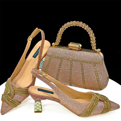 Venus Chan Women’s Champagne Shoe & Bag Set - Rhinestone Heels and Handbag for Nigerian Parties & Weddings