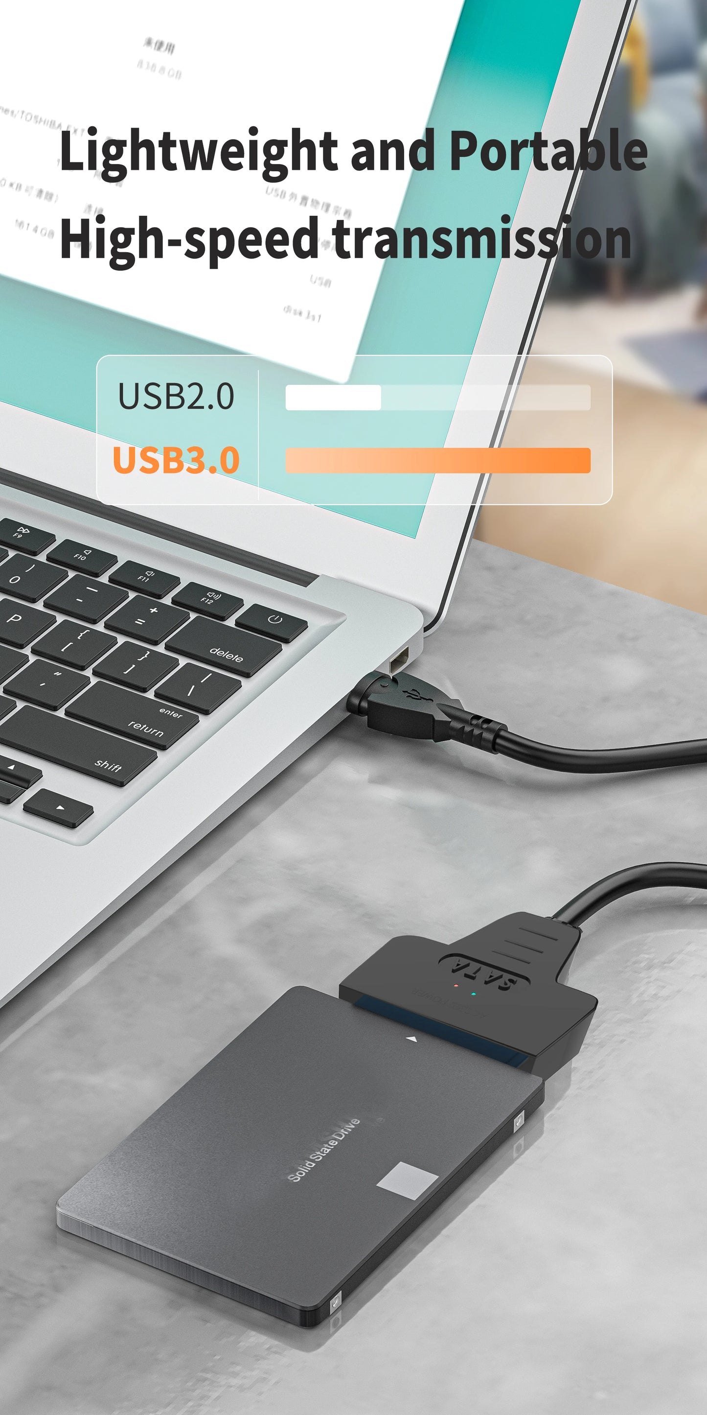 USB 3.1/2.0 SATA to USB Cable – USB 3.0 to SATA III Hard Disk Adapter, Compatible with 2.5-inch HDD and SSD, UASP Support
