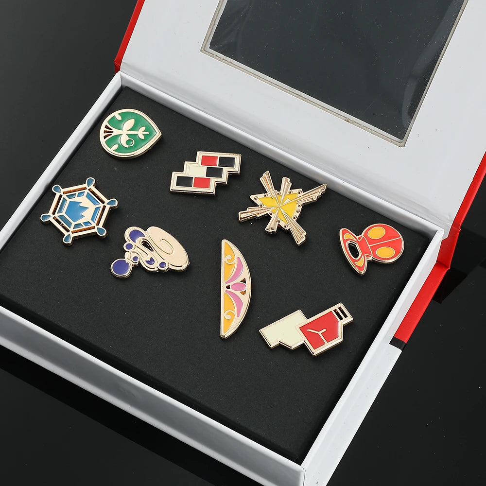 Anime League Gym Badge Set – Metal Brooches from Sinnoh, Johto, Hoenn & Indigo with Pikachu & Squirtle Figure Toys