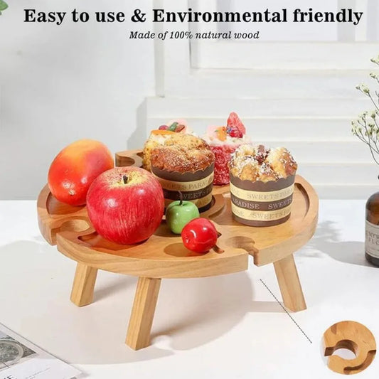 Wooden Folding Picnic Table – Round Foldable Desk with Wine Glass Rack, Portable Snack Table for Outdoor Camp