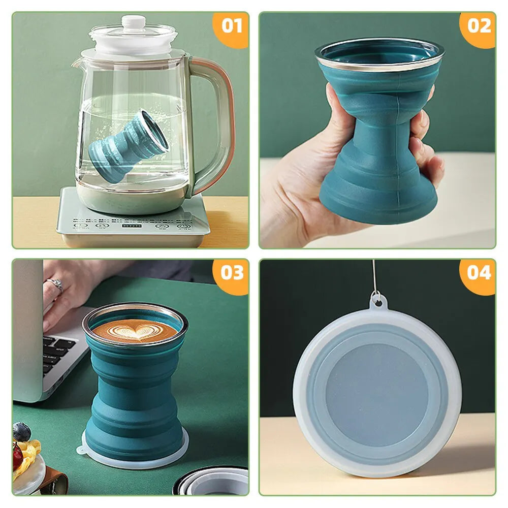 Portable Silicone Foldable Cup – Heat Resistant Collapsible with Lanyard – Lid and Folding Storage Travel Mug for Hot Water