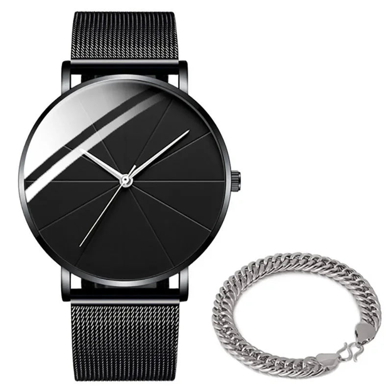 Men’s Minimalist Ultra-Thin Quartz Watch – Stainless Steel Mesh Band Business Fashion Wristwatch