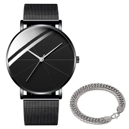 Men’s Minimalist Ultra-Thin Quartz Watch – Stainless Steel Mesh Band Business Fashion Wristwatch
