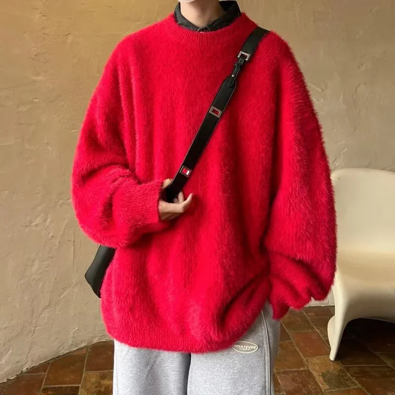 Men's Autumn Fluffy Knit Sweater - Loose Warm Korean Style Y2K Vintage Winter Pullover