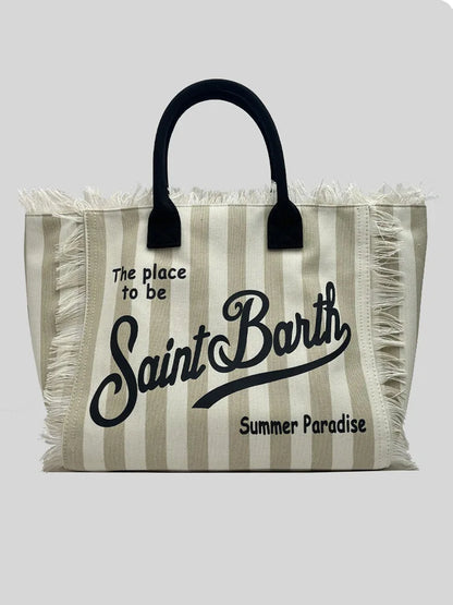 Saint Barth Large Capacity Women's Beach Handbag – European & American Style, Deep Blue Striped Tassel Tote