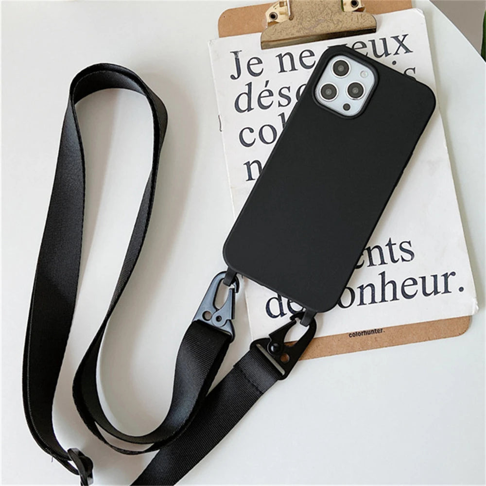 Crossbody Necklace Strap Silicone Case - Matte Shockproof Phone Cover for iPhone 17, 16, 15, 14 Pro Max & More