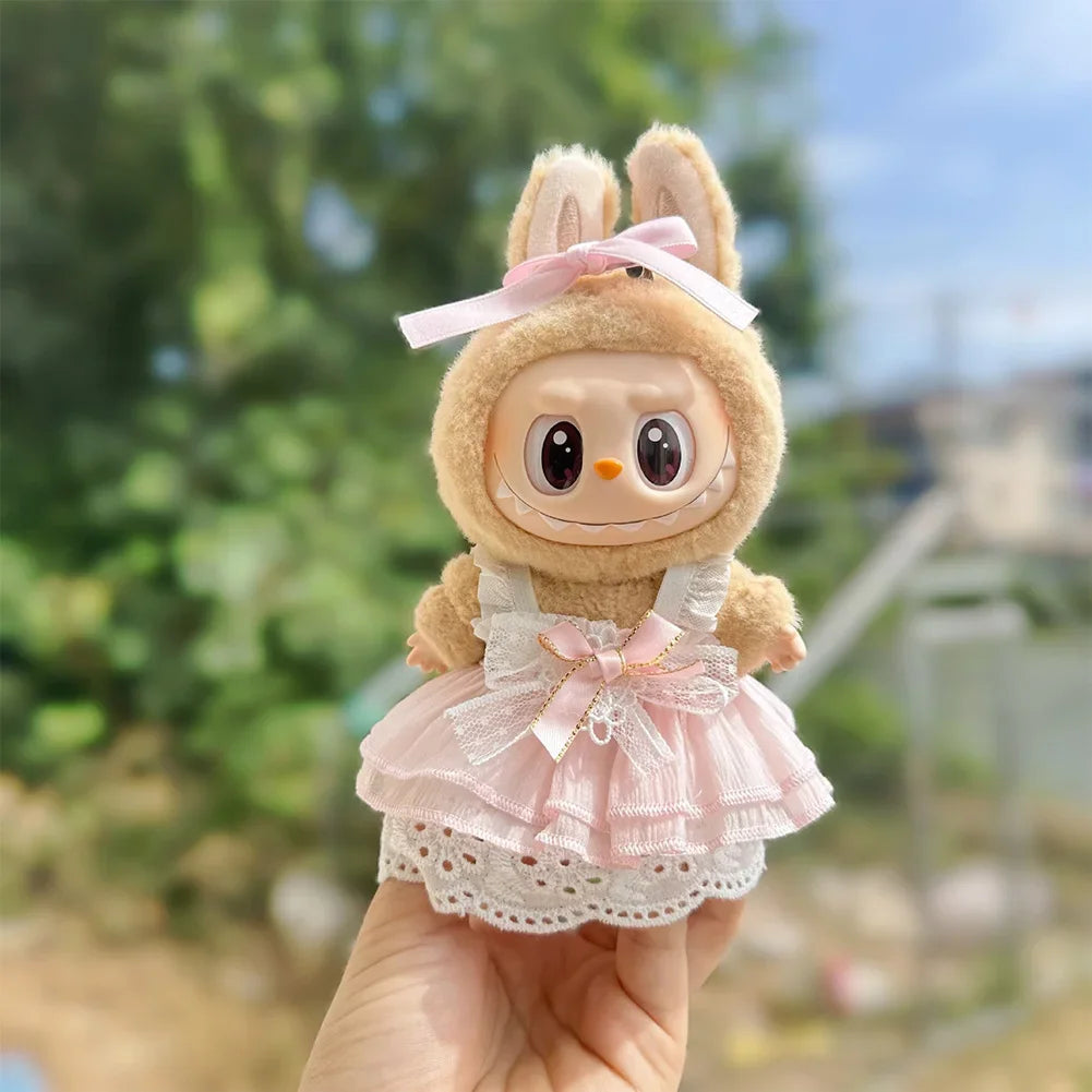 17cm Mini Plush Doll Clothes — Kpop Labubu Idol Outfit with Pink Silk Bow & Princess Gauze Skirt Accessories