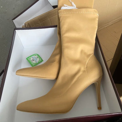 Women’s Satin Sock Ankle Boots - 7.5cm & 10cm High Heels Pointed Toe Winter Fashion Boots