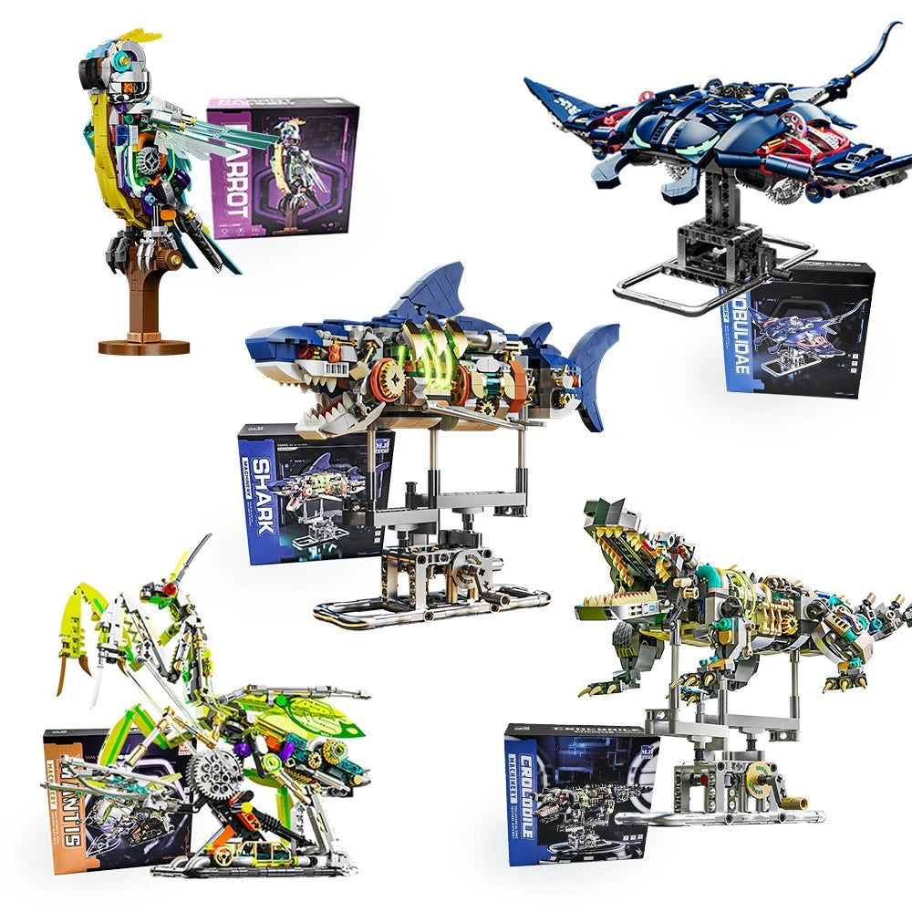 Mechanical Shark & Sea Life Building Blocks Set – Crocodile, Parrot, Mantis, Frog, Manta Ray Toy for Kids