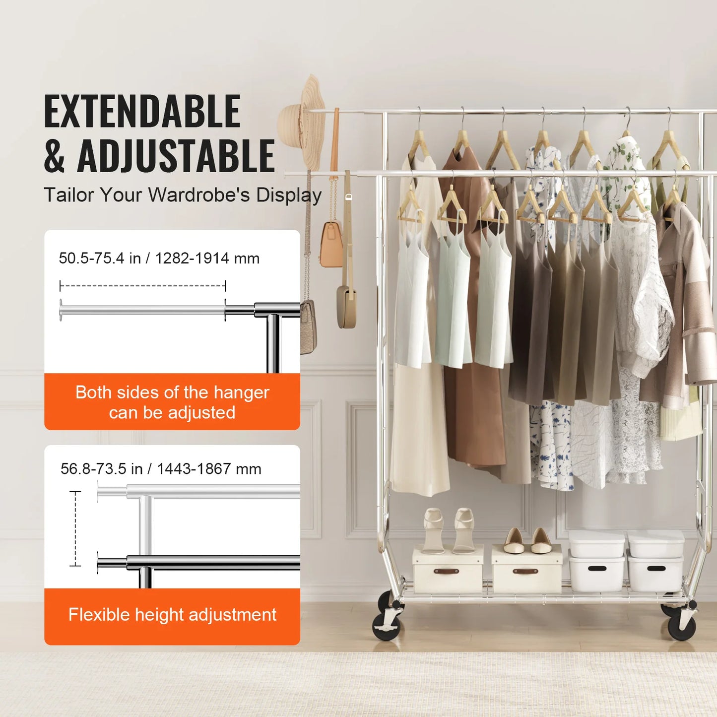 VEVOR Heavy Duty Garment Rack – Adjustable Length Clothes Rack with Bottom Shelf & Wheels for Laundry Room