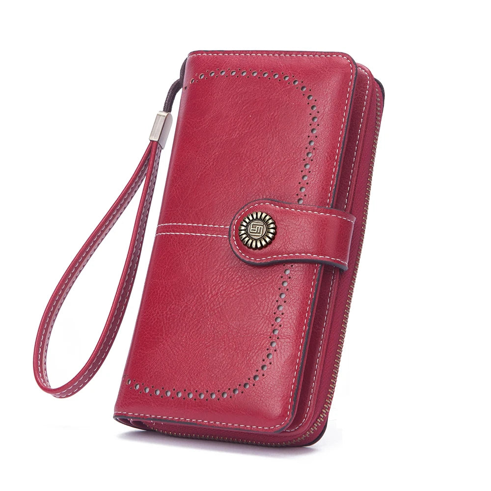 Vintage Large Capacity Women's Purse – Monochromatic Multi-Card Long Wallet with Zipper & Wrist Strap