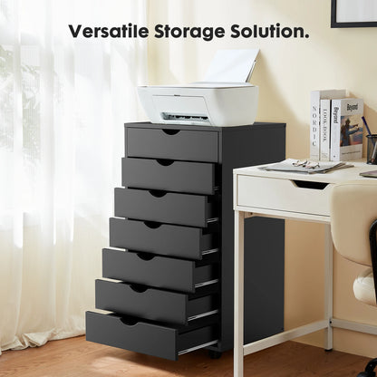 7-Drawer Wooden Chest Dresser – Mobile Nightstand Storage Cabinet with Wheels for Office & Living Room Organizer