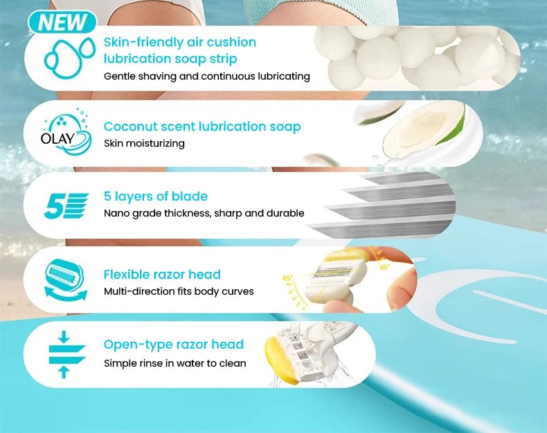 Gillette Venus Olay Manual Razor — 5-Layer Blade with Lubricating Strip & Air Cushion for Women’s Body & Bikini Hair Removal