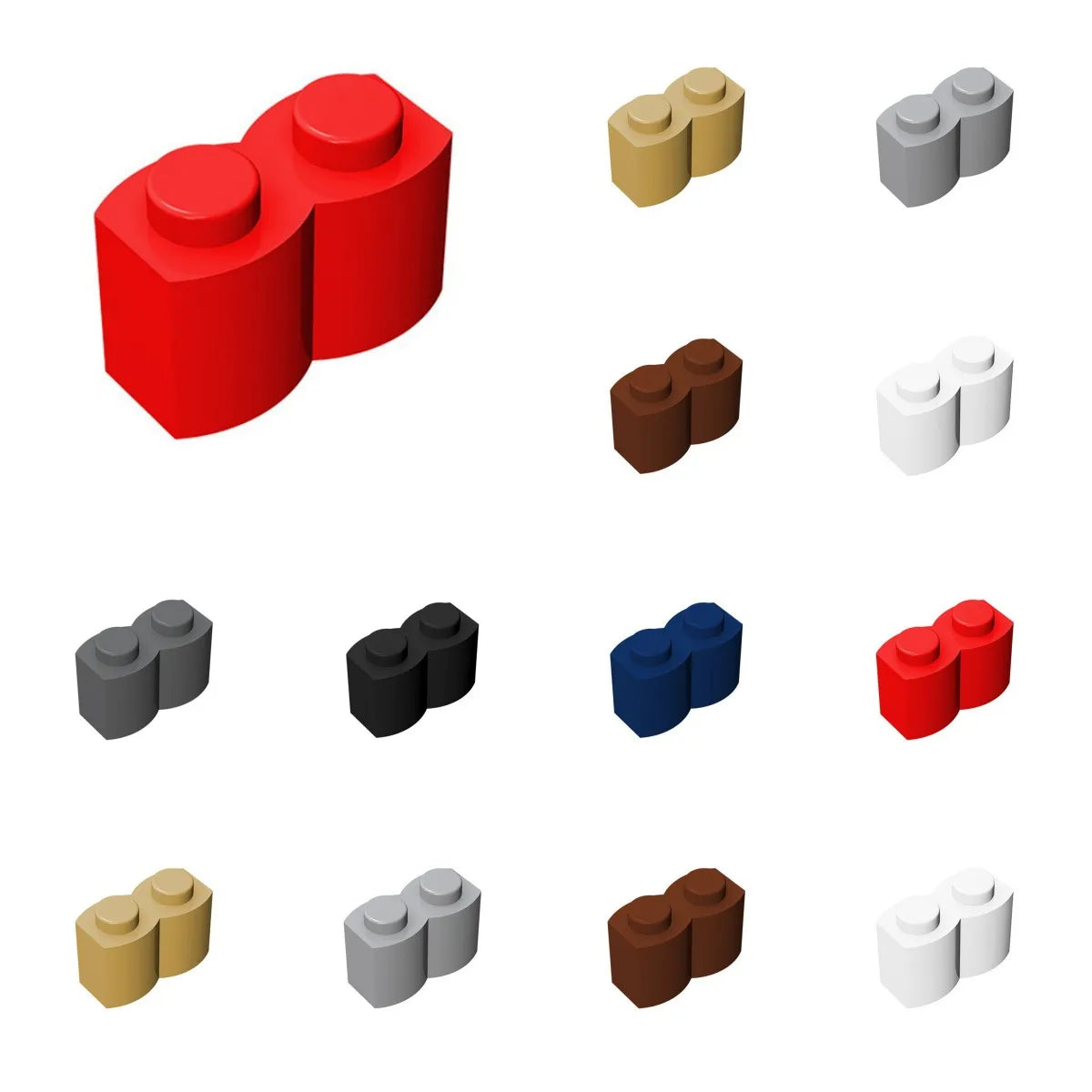 50-Piece 1x2 Log Profile Building Bricks - Modified Modular Blocks for MOC, GBC & Technical Construction Sets