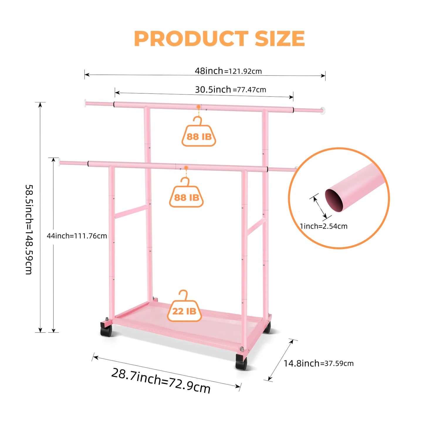 Pink Twin-Pole Rolling Clothes Rack with Net Shelf – Cute Metal Garment Rack, Strong Load-Bearing Storage