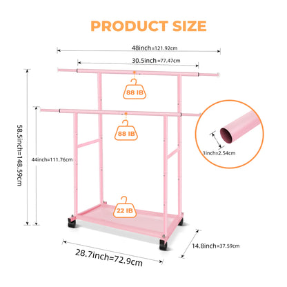 Pink Twin-Pole Rolling Clothes Rack with Net Shelf – Cute Metal Garment Rack, Strong Load-Bearing Storage