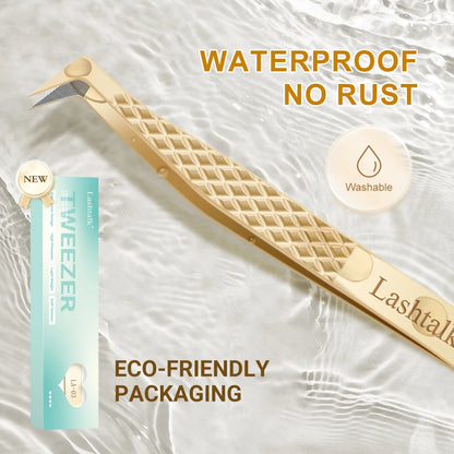 Lashtalk Precision Fiber Tip Tweezer - Diamond Grip Anti-Slip Gold Stainless Steel for Eyelash Extensions Makeup by Nagaraku