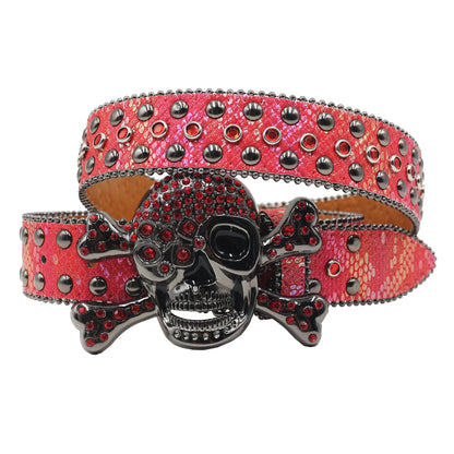 Women’s Rhinestone Skull Leather Belt – Luxury Designer Studded Strap for Jeans, White & Black