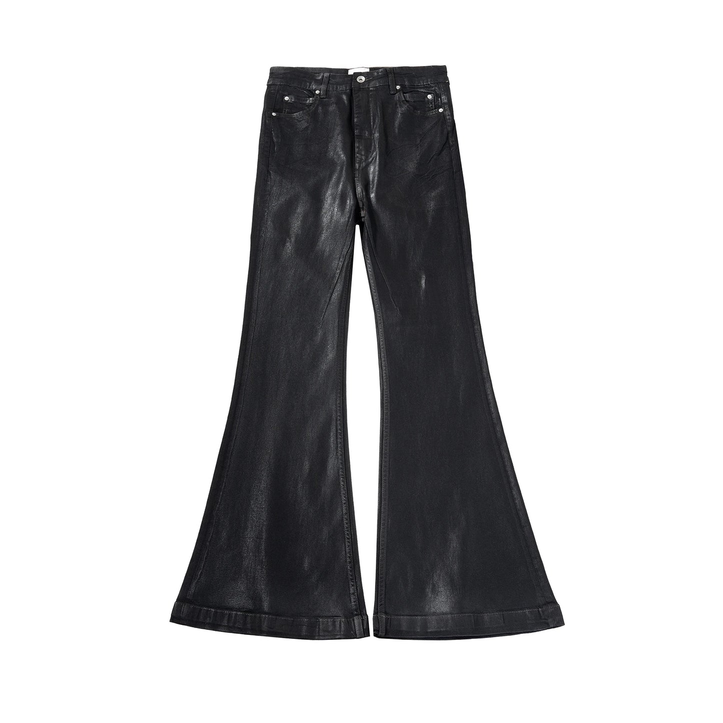 Men’s Streetwear Black Wax Leather Stretch Jeans — Baggy Y2K Flare Oversized Straight Denim Trousers