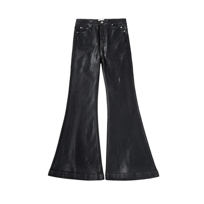 Men’s Streetwear Black Wax Leather Stretch Jeans — Baggy Y2K Flare Oversized Straight Denim Trousers