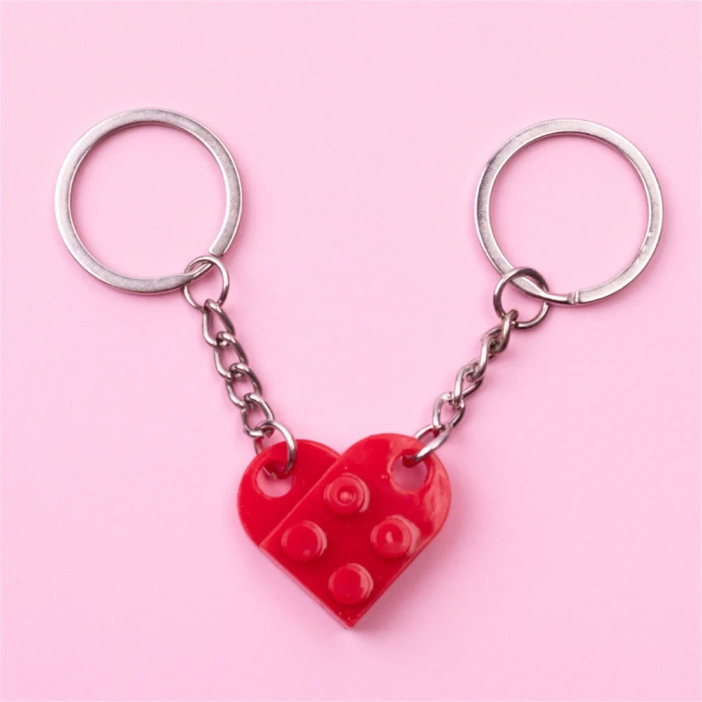 2-Piece Love Heart Brick Keychain Set - Matching Couple and Friendship Building Block Key Rings, Valentine’s Day Gifts