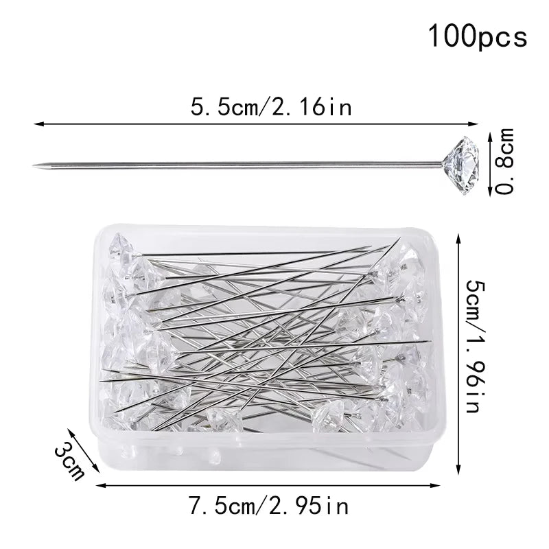 Fenrry 100PCS Diamond Head Pins – Crystal Corsage Sewing Pins, Straight Pins for Dressmaking & Party Decorations with Plastic Box