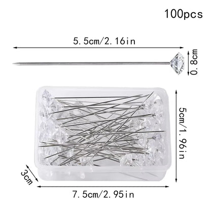 Fenrry 100PCS Diamond Head Pins – Crystal Corsage Sewing Pins, Straight Pins for Dressmaking & Party Decorations with Plastic Box
