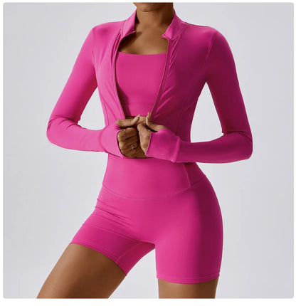 3PCS Women’s Yoga & Workout Set – Long Sleeve Zipper Top with High Waist Leggings Fitness Sportswear