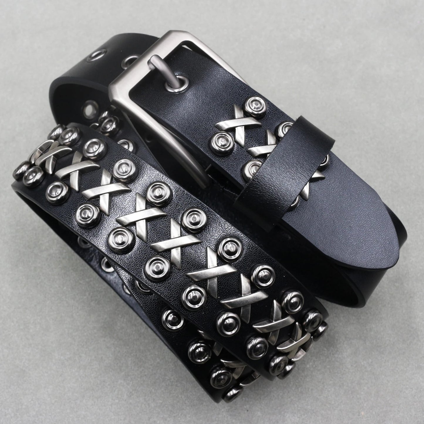 Men’s Designer Rivet Belt – Genuine Cowhide Leather Punk Rock Pin Belt for Jeans, Luxury Black Leather Belt