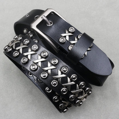 Men’s Designer Rivet Belt – Genuine Cowhide Leather Punk Rock Pin Belt for Jeans, Luxury Black Leather Belt