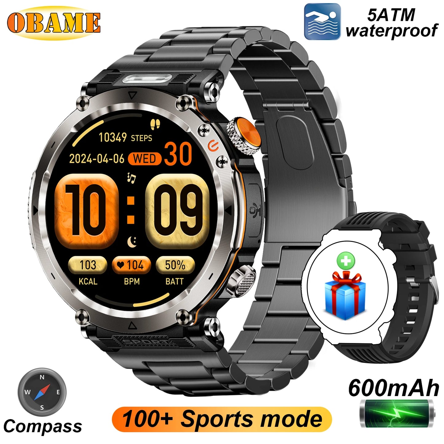 2025 5ATM Outdoor Smartwatch for Men – 600mAh Battery, LED Flashlight, Compass, Bluetooth Call, Heart Rate, IP68 Sports Watch