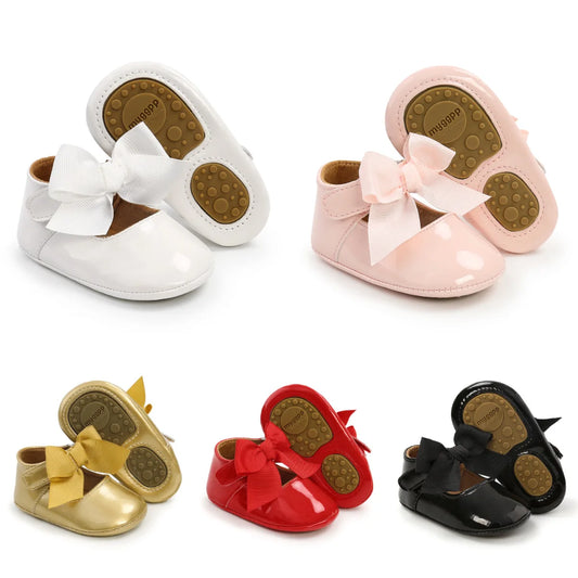 Meckior Baby Girl Shoes – Bowknot PU Ballet Slippers with Rubber Anti-Slip Sole, First Walker Toddler Crib Dress Shoes