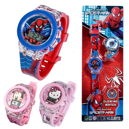 Flash Light Spiderman Kids Watch – Cartoon Hello Kitty & Mickey Design for Boys & Girls, Student Gift with Free Shipping