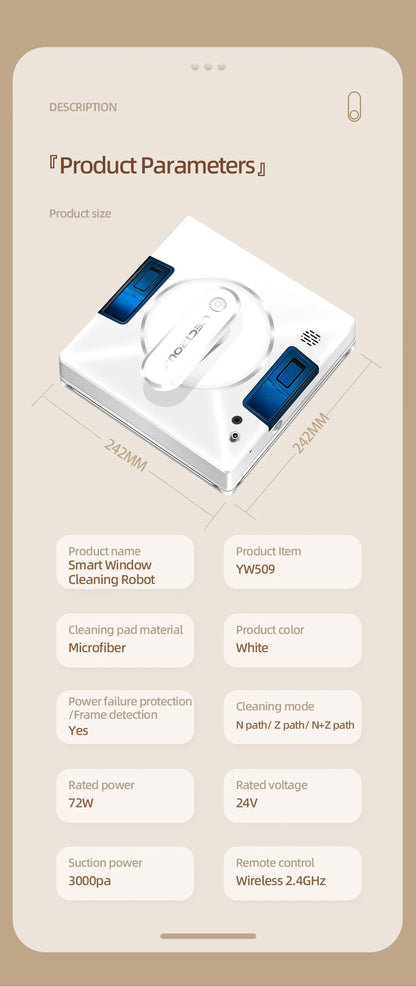 Liectroux YW509 Window Cleaning Robot - Dual Water Spray, Smart Navigation, Laser Sensor - For Home Glass, Floor and Wall Cleaning
