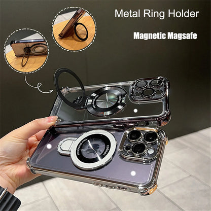 Luxury Plated Shockproof Magnetic Bracket for MagSafe – Clear Case with Stand Holder for iPhone 15, 16, 14, 13, 12, 11 Pro Max