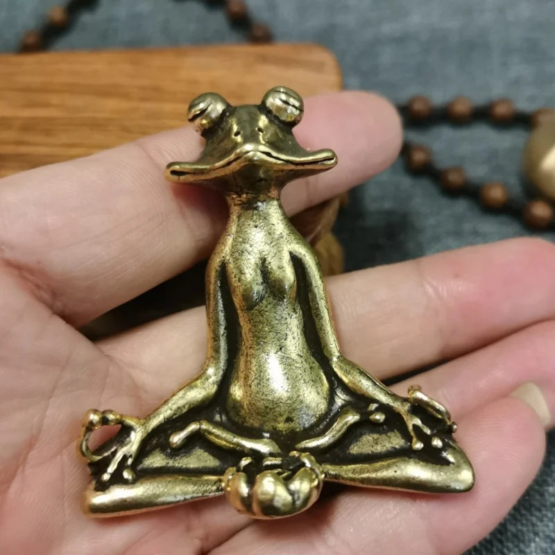 Antique Brass Zen Frog Statue - Meditation Copper Animal Sculpture Incense Burner Home Desk Decor Tea Pet Ornament