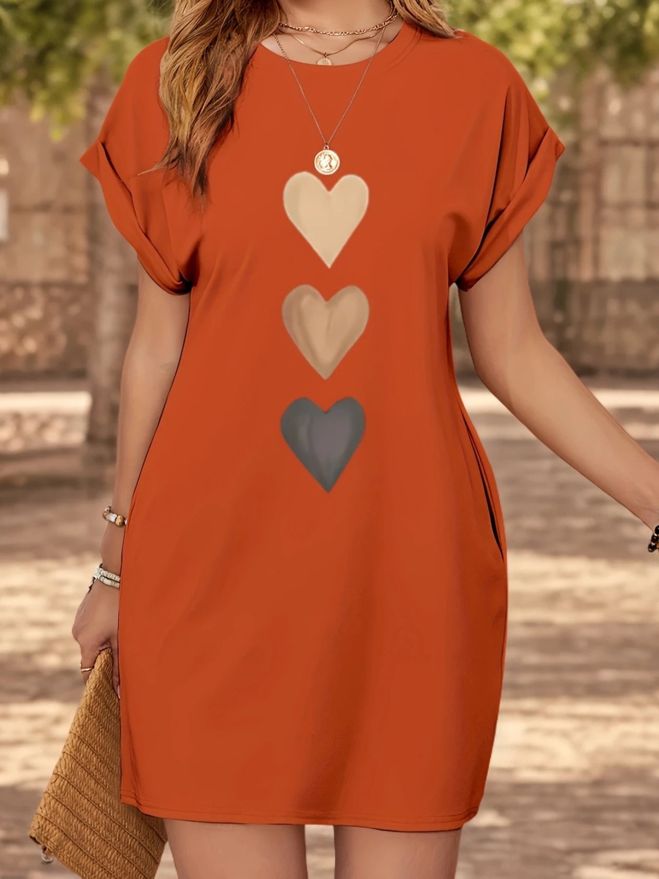 Women’s Heart Print Knit T-Shirt Dress - Casual Short Sleeve Crew Neck Top with Colorful Flag Design