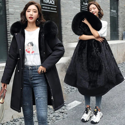 Women's Winter Hooded Parka - Long Padded Coat with Wool Lining & Fur Collar, 6XL