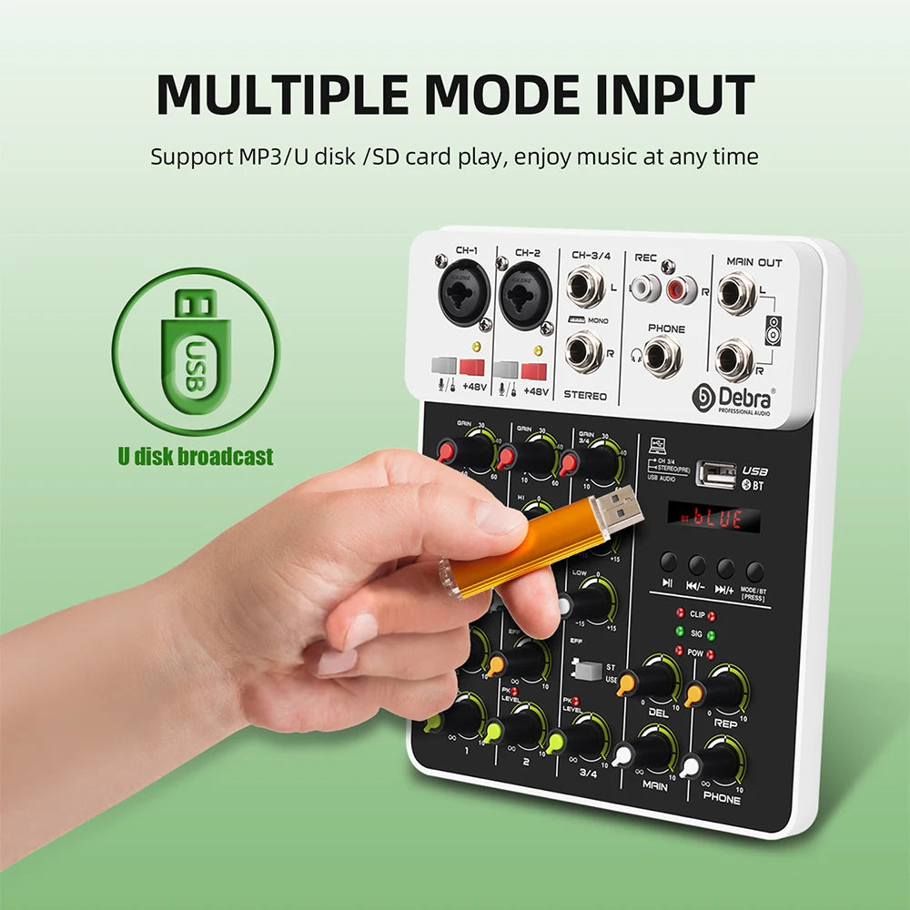 Debra V8 8-Channel Audio Mixer – Bluetooth & USB Mixer with 48V Phantom Power, Delay/Repeat Effects for PC Recording & Sound Console