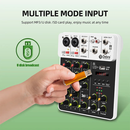Debra V8 8-Channel Audio Mixer – Bluetooth & USB Mixer with 48V Phantom Power, Delay/Repeat Effects for PC Recording & Sound Console