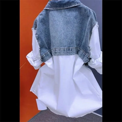 Women’s Denim Jacket – 2025 Casual Fashion, Fake Two Denim Shirts with Striped Stitching, Spring & Autumn Coat