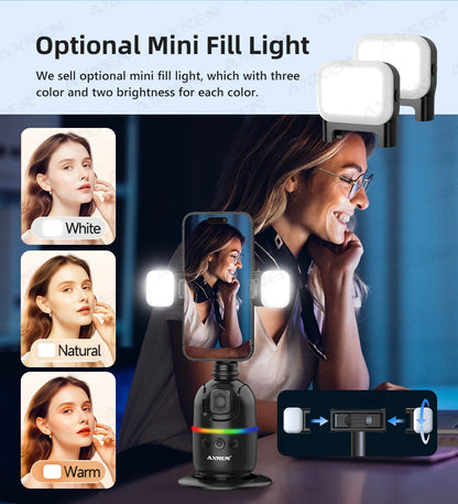 Smart Auto Face Tracking AI Gimbal – 360° Desktop Vlog Stabilizer for Smartphone & Action Camera (Tripod Optional)