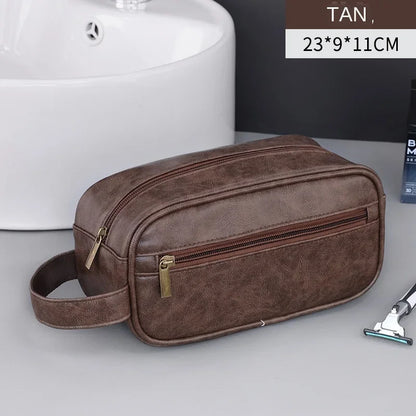 Men’s Leather Travel Wash Bag – Large Capacity Portable Toiletry Cosmetic Organizer with Multi-Pocket Design for Business Trips