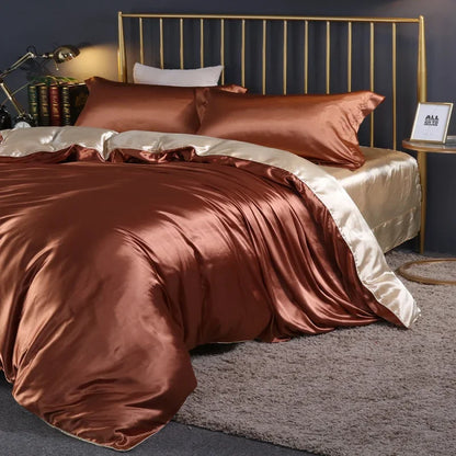 Silk Bedding Set With Duvet Cover - Luxury Satin Bed Sheet Pillowcase Set Solid Color King Queen Twin Size