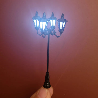 HO Scale Model Lamps – 4-Head 3V Cold White Street & Park Lampposts for Train Layouts & Miniature Gardens