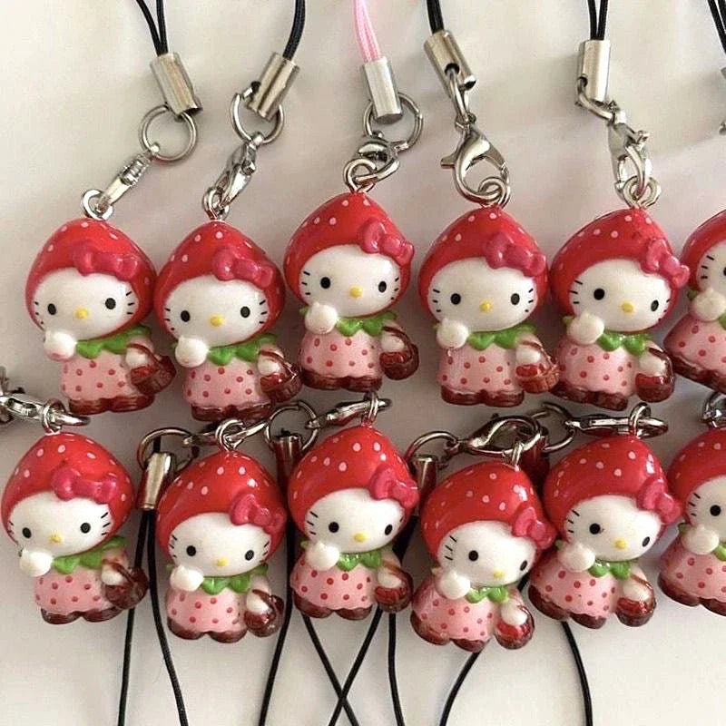 Kawaii Strawberry Hello Kitty Phone Pendant — Cute DIY Backpack Keychain, Fun Decoration & Birthday Gift for Friends