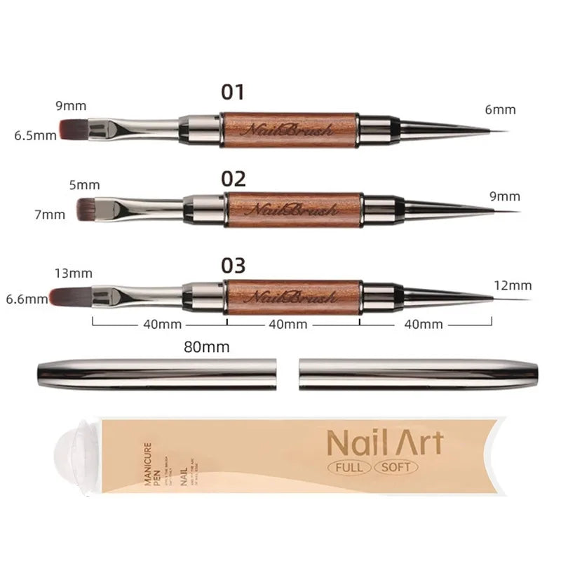 Double-Head Sandalwood Handle Nail Brush – Liner Brush Painting Pen, Gel Brush for Crystal Nail Art Manicure