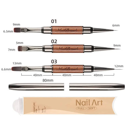 Double-Head Sandalwood Handle Nail Brush – Liner Brush Painting Pen, Gel Brush for Crystal Nail Art Manicure