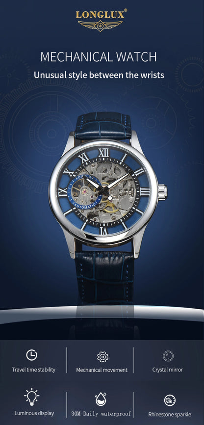 LONGLUX Rome Automatic Mechanical Waterproof Men’s Watch – Hollow Dial Leather Wristwatch Gift